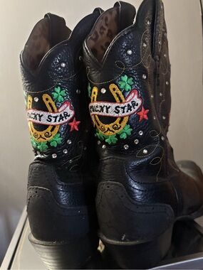 Black Embroidered Lucky Star Western Boots